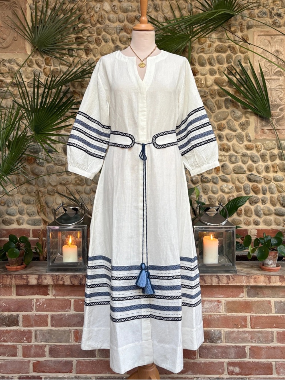 NWT Seema Kahai White & Navy Blue Linen Anjali Dress | L - Picture 2 of 5